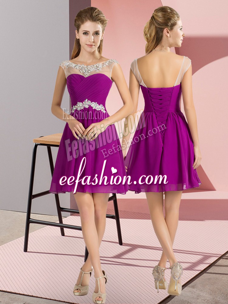 Excellent Purple Lace Up Bateau Beading Vestidos de Damas Chiffon Cap Sleeves
