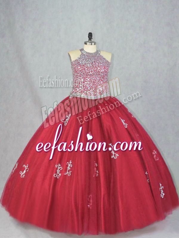 Traditional Sleeveless Beading and Appliques Lace Up Quince Ball Gowns