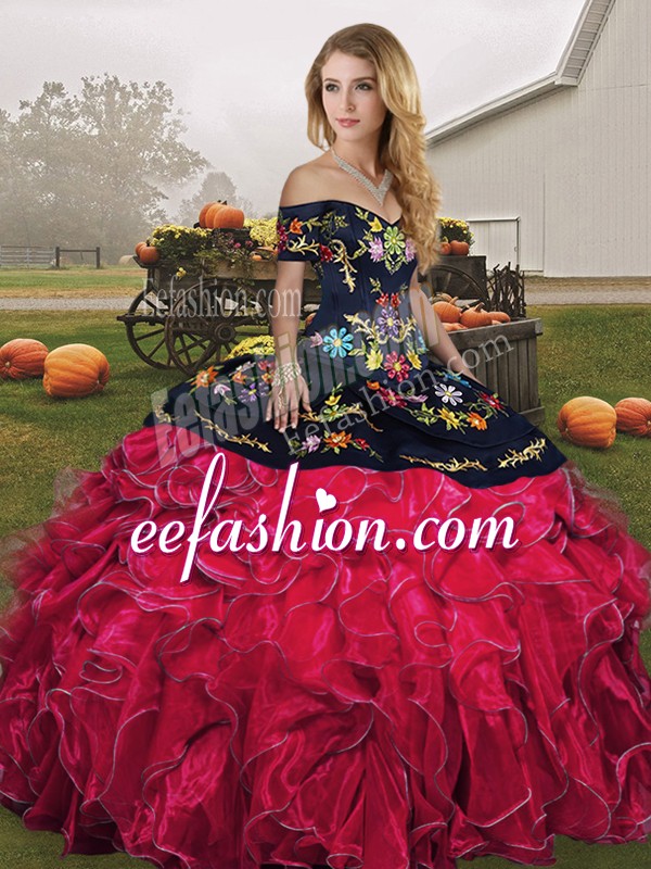  Sleeveless Lace Up Floor Length Embroidery and Ruffles 15th Birthday Dress