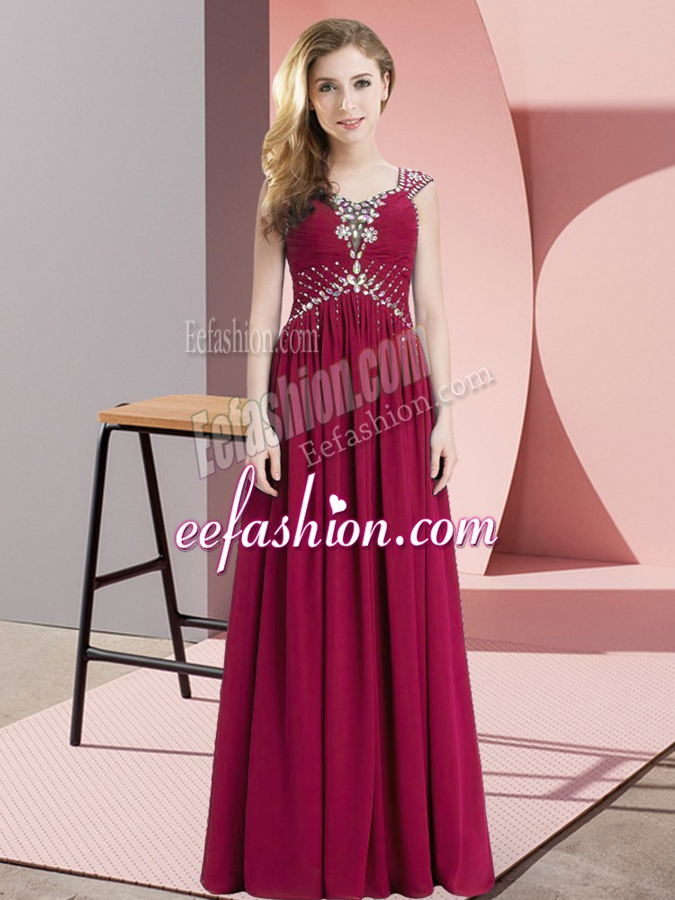 Graceful Cap Sleeves Floor Length Beading Lace Up Prom Dress with Fuchsia