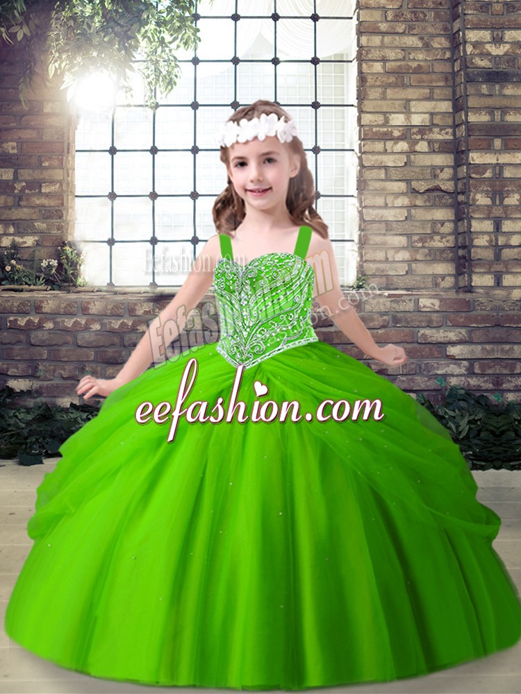 Graceful Sleeveless Tulle Floor Length Lace Up Pageant Gowns For Girls in with Beading