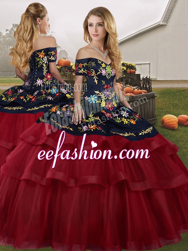 Customized Wine Red Lace Up Quince Ball Gowns Embroidery and Ruffled Layers Sleeveless Brush Train