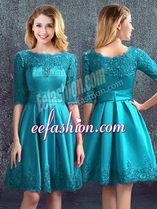 Extravagant Teal Half Sleeves Lace Knee Length Court Dresses for Sweet 16