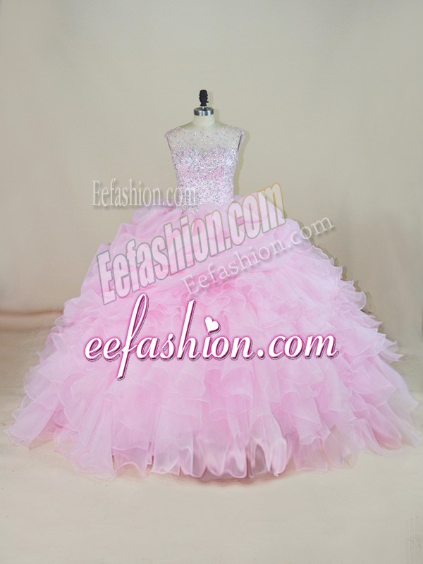 Hot Sale Organza Scoop Sleeveless Brush Train Backless Beading and Ruffles Quinceanera Gown in Pink 