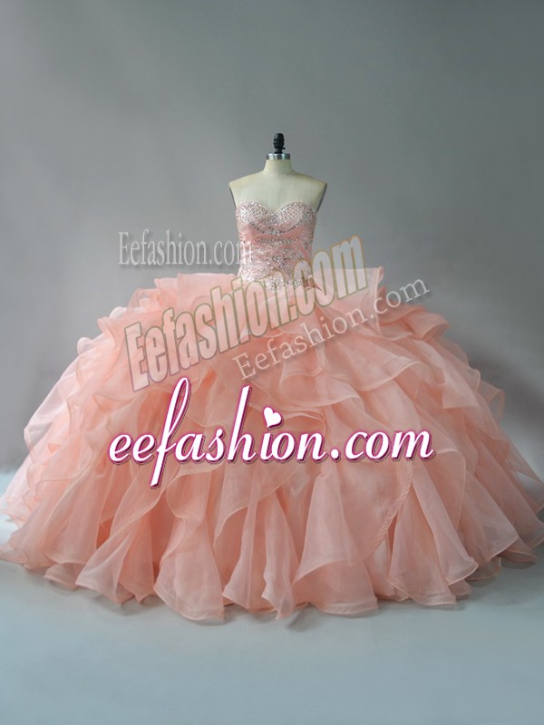  Peach Quinceanera Dresses Sweet 16 and Quinceanera with Beading and Ruffles Sweetheart Sleeveless Brush Train Lace Up