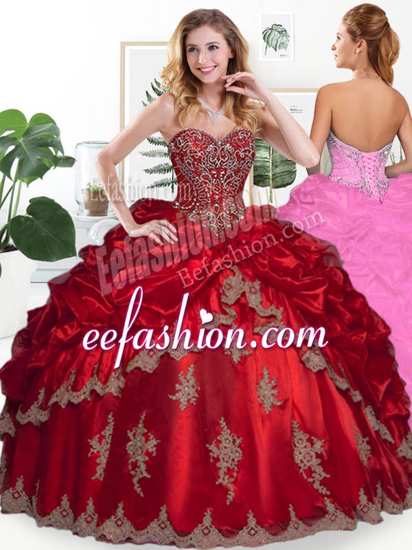 Trendy Wine Red Organza Lace Up Sweetheart Sleeveless Floor Length Quinceanera Gown Beading and Appliques and Pick Ups