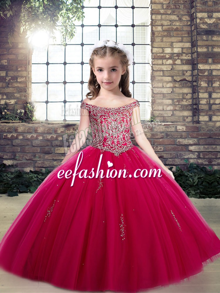 Great Sleeveless Beading and Appliques Lace Up Kids Formal Wear