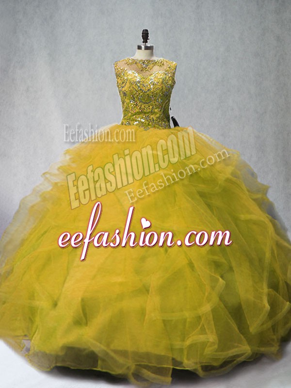 Vintage Olive Green Tulle Lace Up Bateau Sleeveless 15 Quinceanera Dress Court Train Beading and Ruffles