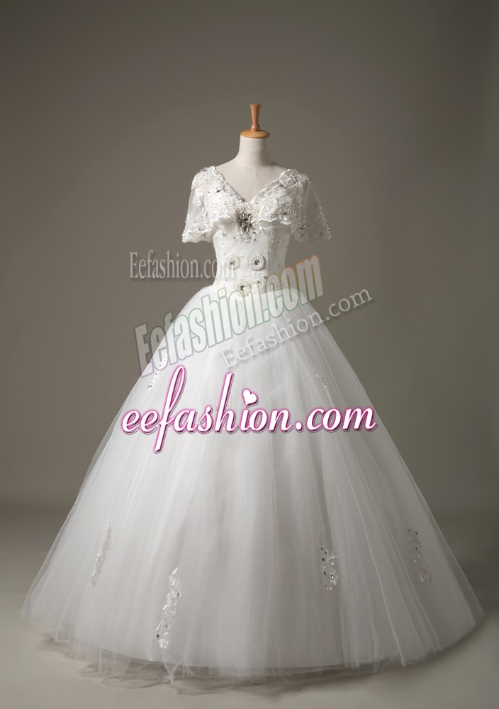 Edgy Floor Length Lace Up Wedding Dresses White for Beach with Beading and Appliques