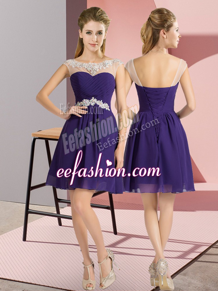 Classical Beading Quinceanera Court Dresses Purple Lace Up Cap Sleeves Mini Length