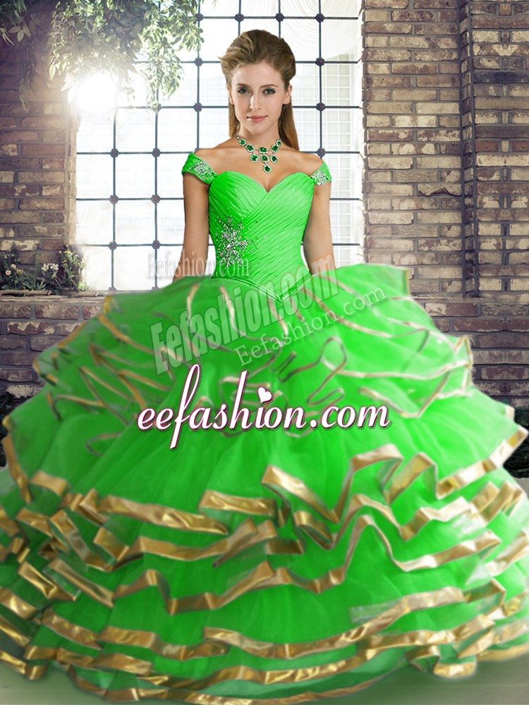 Glorious Green Ball Gowns Tulle Off The Shoulder Sleeveless Beading and Ruffled Layers Floor Length Lace Up Sweet 16 Dresses