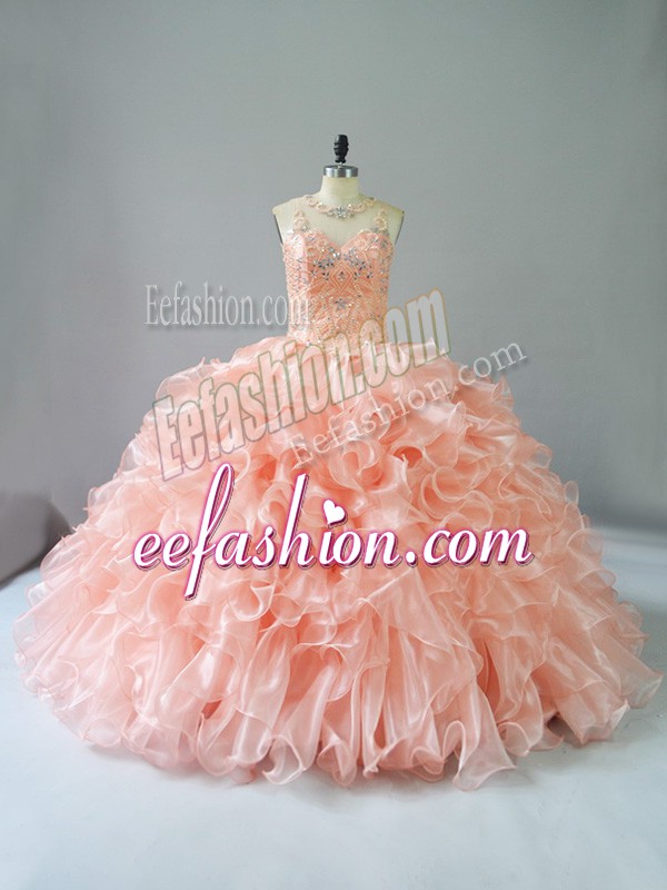  Sleeveless Organza Lace Up Ball Gown Prom Dress in Peach with Beading and Ruffles