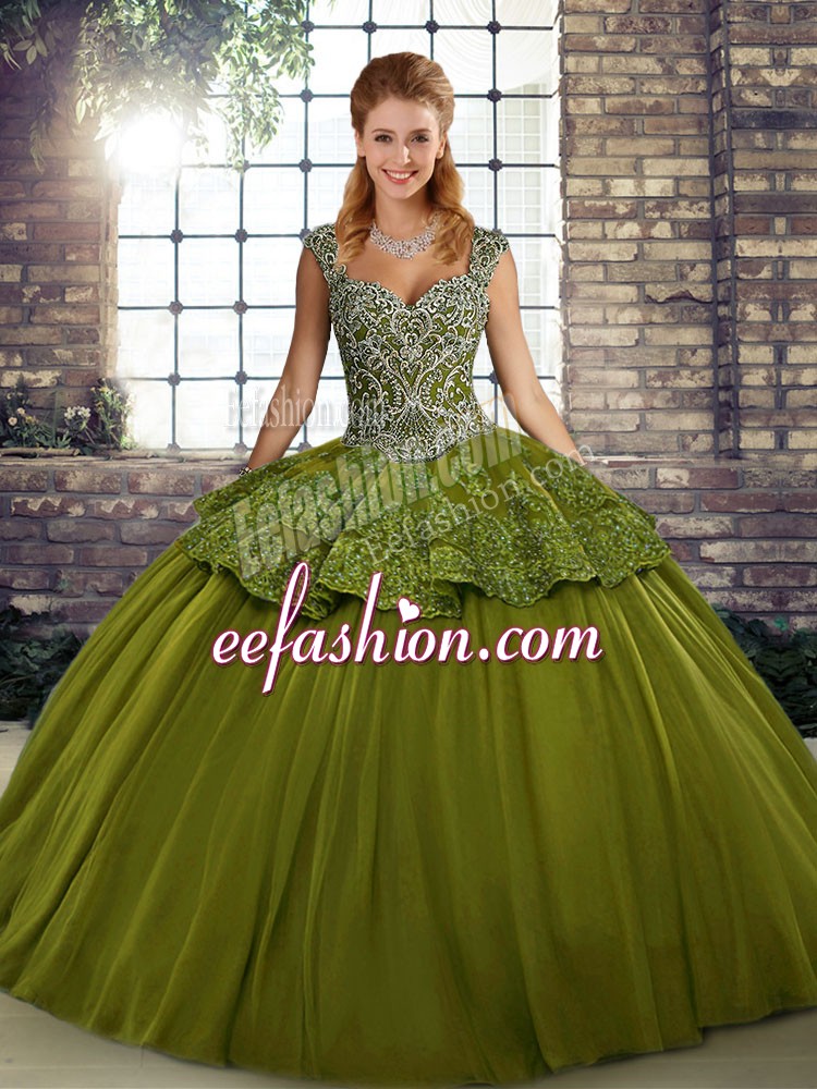  Olive Green Sweet 16 Dress Military Ball and Sweet 16 and Quinceanera with Beading and Appliques Straps Sleeveless Lace Up