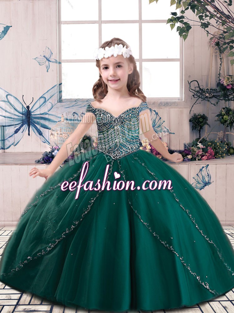 Cute Floor Length Dark Green Little Girl Pageant Gowns Straps Sleeveless Lace Up