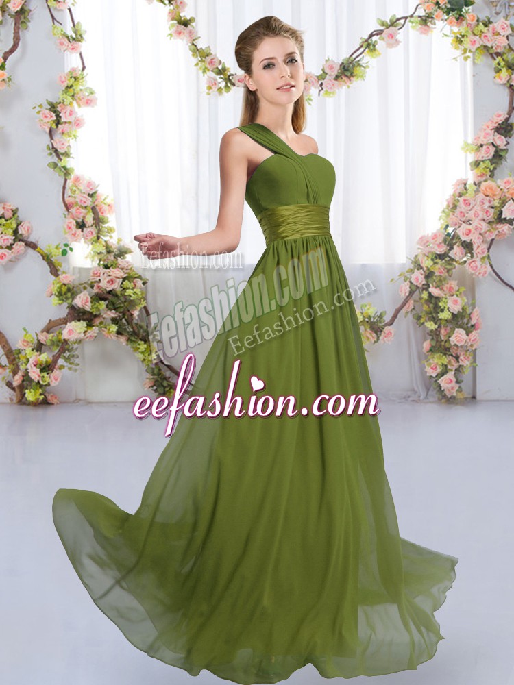  Floor Length Olive Green Bridesmaid Dresses Chiffon Sleeveless Ruching