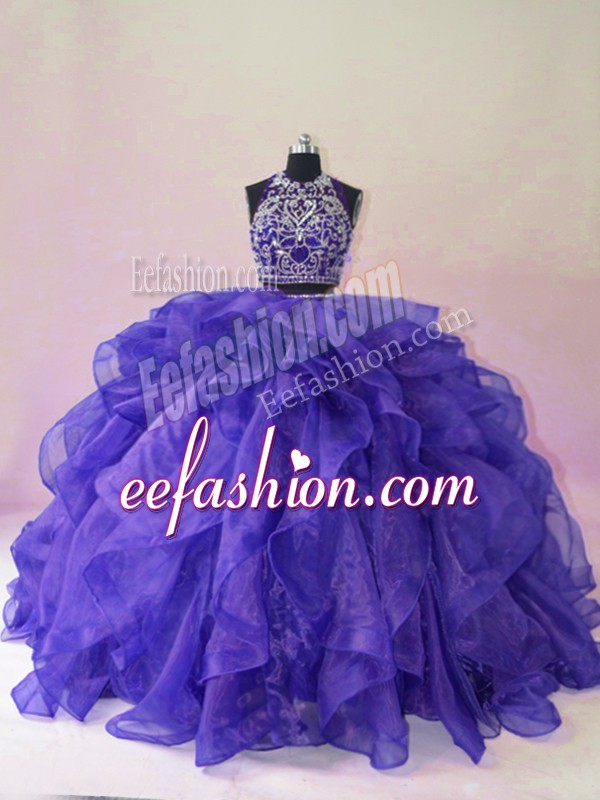 Attractive Beading and Ruffles 15th Birthday Dress Purple Backless Sleeveless Brush Train