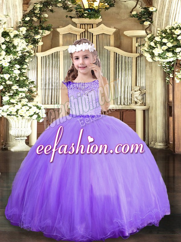  Lace Little Girl Pageant Dress Lavender Zipper Sleeveless Floor Length