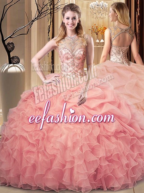 Hot Sale Peach Sleeveless Organza Lace Up Vestidos de Quinceanera for Sweet 16 and Quinceanera