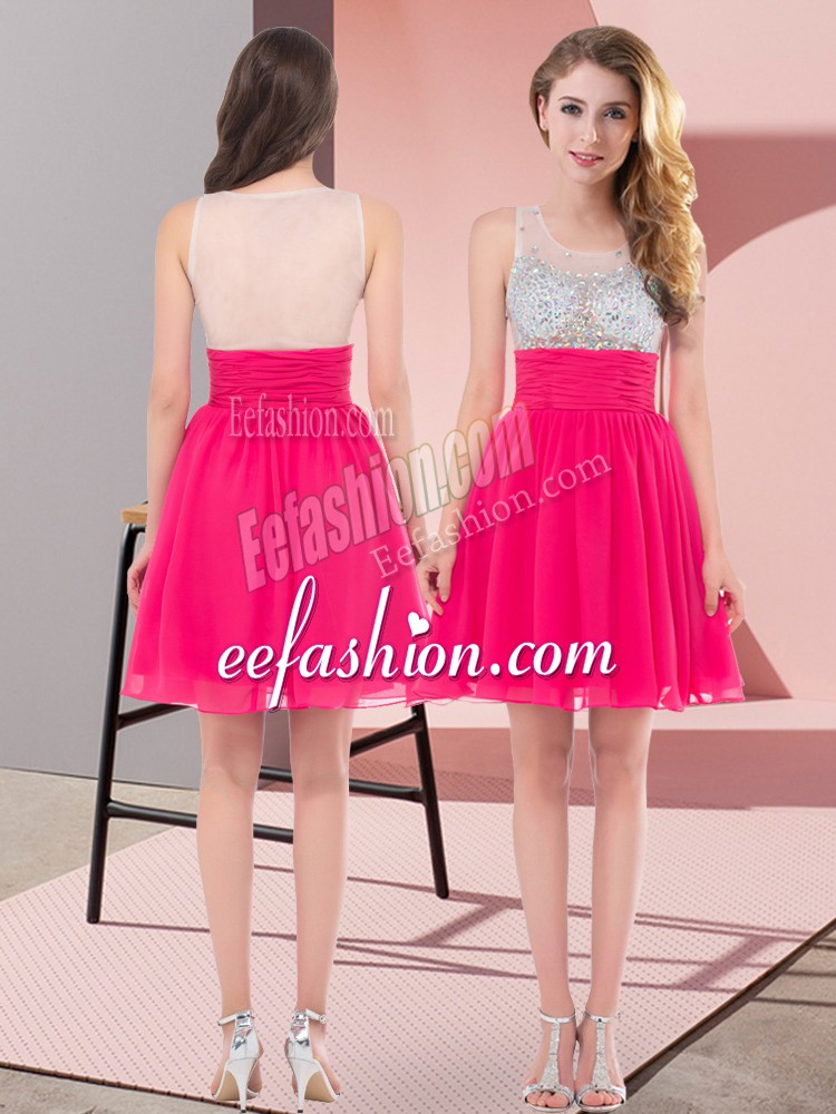 Fabulous Hot Pink Chiffon Side Zipper Wedding Guest Dresses Sleeveless Mini Length Beading