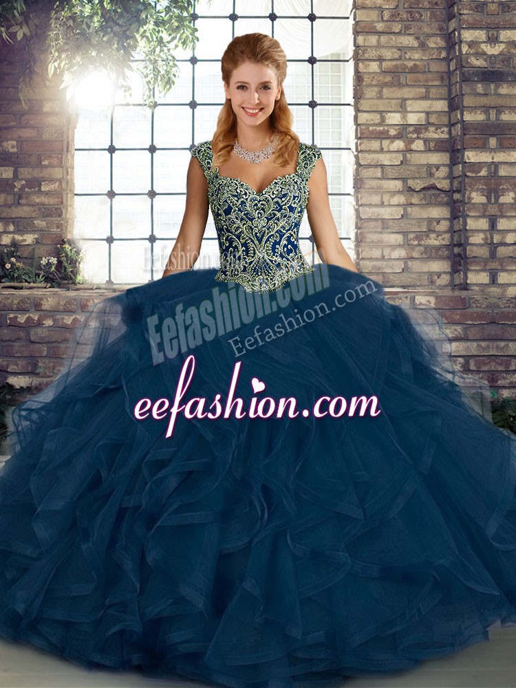 Perfect Floor Length Ball Gowns Sleeveless Blue 15th Birthday Dress Lace Up