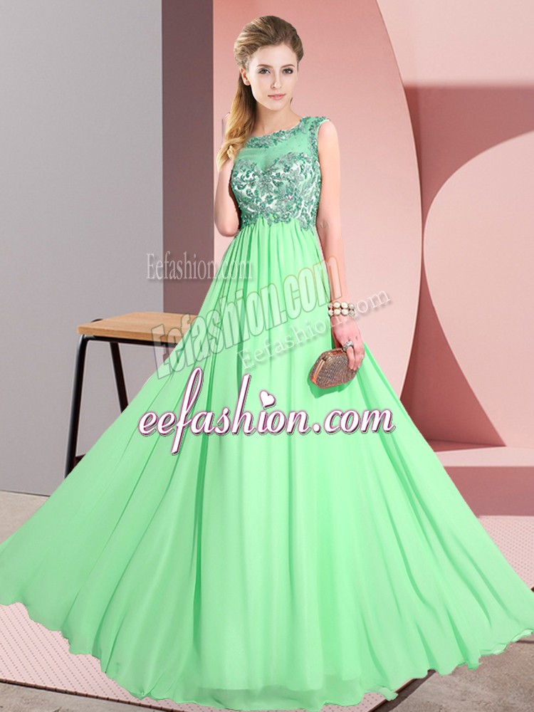 Eye-catching Green Empire Scoop Sleeveless Chiffon Floor Length Backless Beading and Appliques Quinceanera Court of Honor Dress