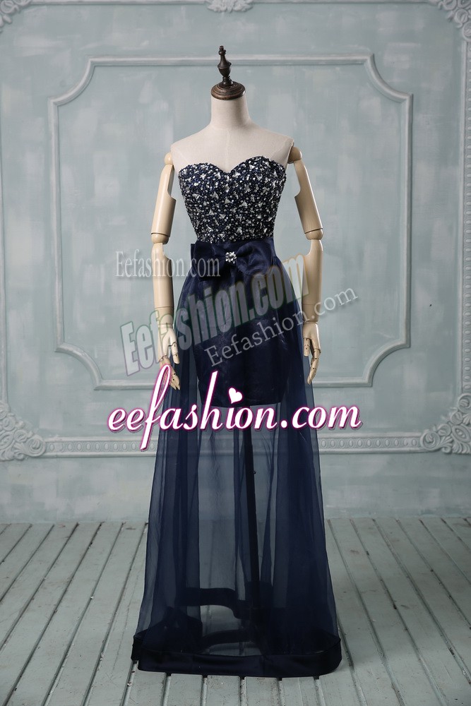  Navy Blue Empire Tulle Sweetheart Sleeveless Beading and Bowknot Floor Length Lace Up Homecoming Dress