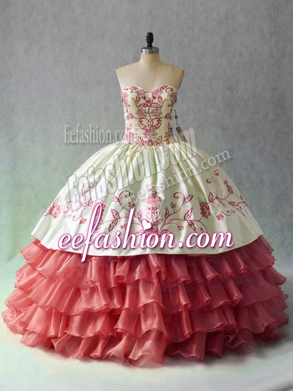 New Arrival Sweetheart Sleeveless Sweet 16 Quinceanera Dress Floor Length Embroidery and Ruffled Layers White And Red Satin and Organza