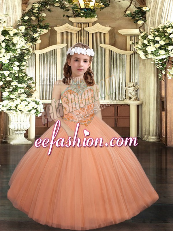 Best Peach Tulle Lace Up Halter Top Sleeveless Floor Length Winning Pageant Gowns Beading