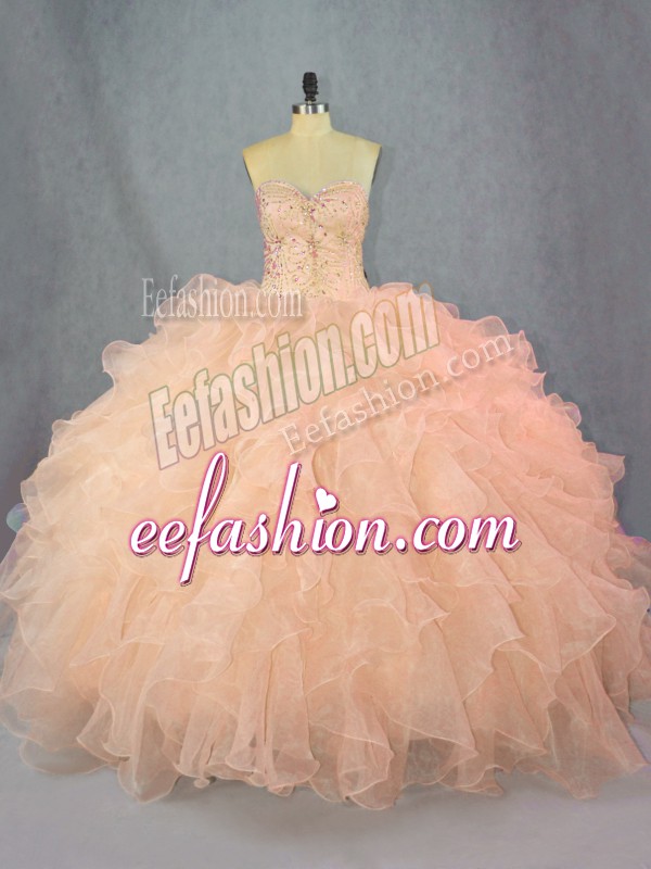  Peach Organza Lace Up 15 Quinceanera Dress Sleeveless Floor Length Beading and Ruffles