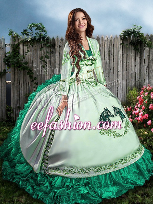  Turquoise Sweetheart Neckline Embroidery and Ruffles Quince Ball Gowns Sleeveless Lace Up