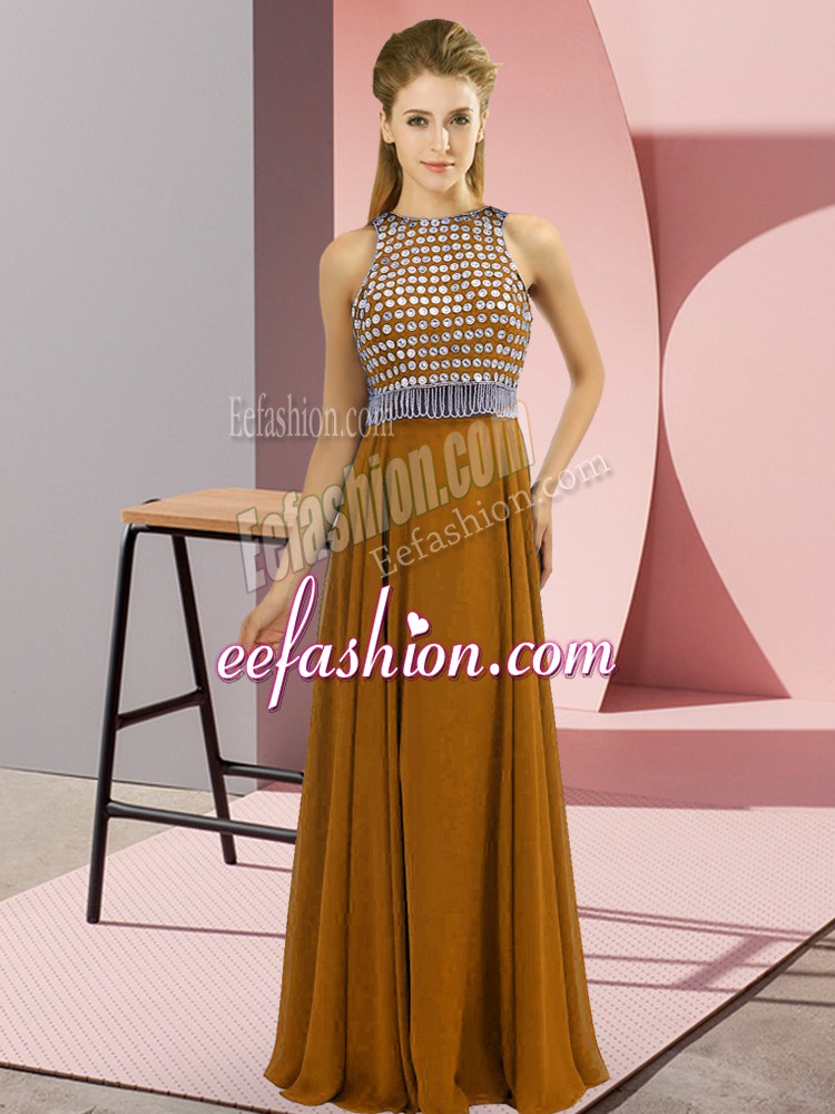 Suitable Brown Prom Gown Prom and Party with Beading Scoop Sleeveless Side Zipper