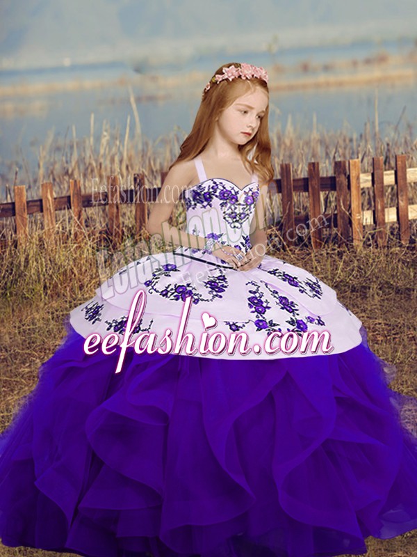 Nice Ball Gowns Little Girl Pageant Gowns Purple Straps Sleeveless Floor Length Lace Up