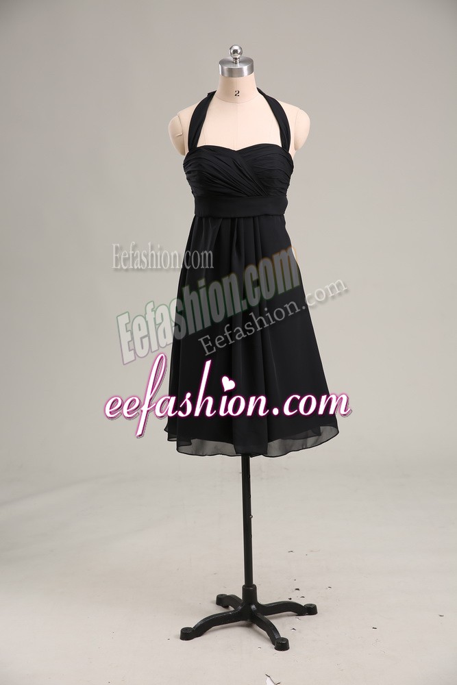 Attractive Black Empire Halter Top Sleeveless Chiffon Mini Length Zipper Ruching Prom Evening Gown