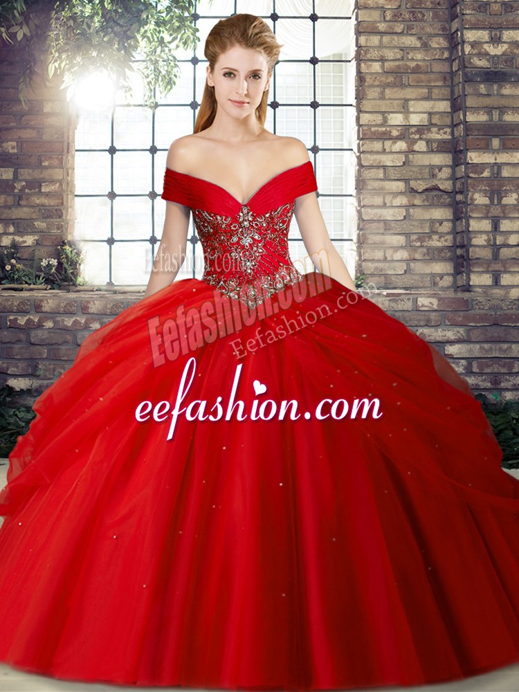  Red Sleeveless Tulle Brush Train Lace Up Quinceanera Dress for Military Ball and Sweet 16 and Quinceanera