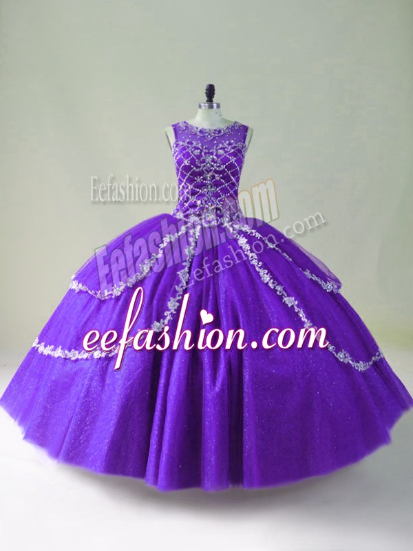  Purple Quinceanera Dress Sweet 16 and Quinceanera with Beading and Appliques Scoop Sleeveless Zipper