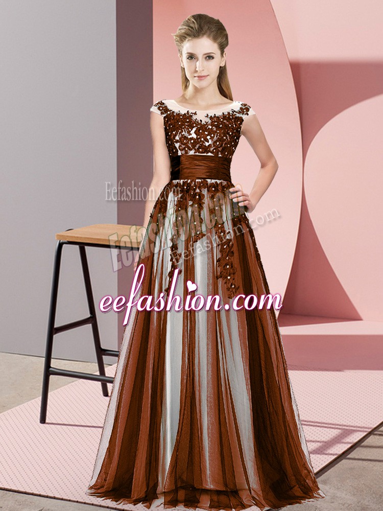  Tulle Scoop Sleeveless Zipper Beading and Lace Wedding Party Dress in Brown