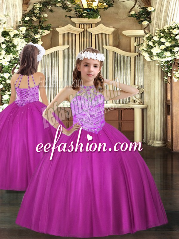 Gorgeous Fuchsia Lace Up Halter Top Beading Girls Pageant Dresses Tulle Sleeveless