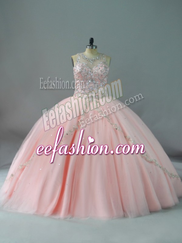  Sleeveless Beading Lace Up Quinceanera Gown with Peach