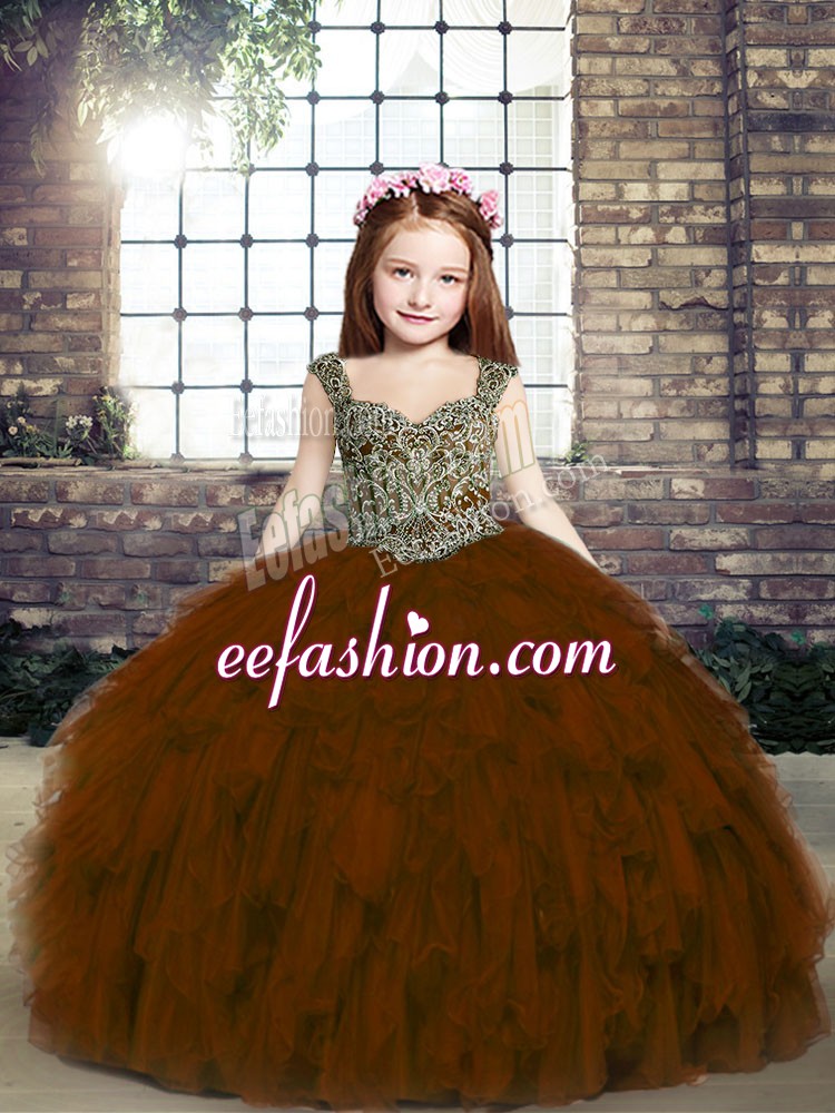  Brown Ball Gowns Tulle Straps Sleeveless Beading and Ruffles Floor Length Lace Up Pageant Gowns For Girls