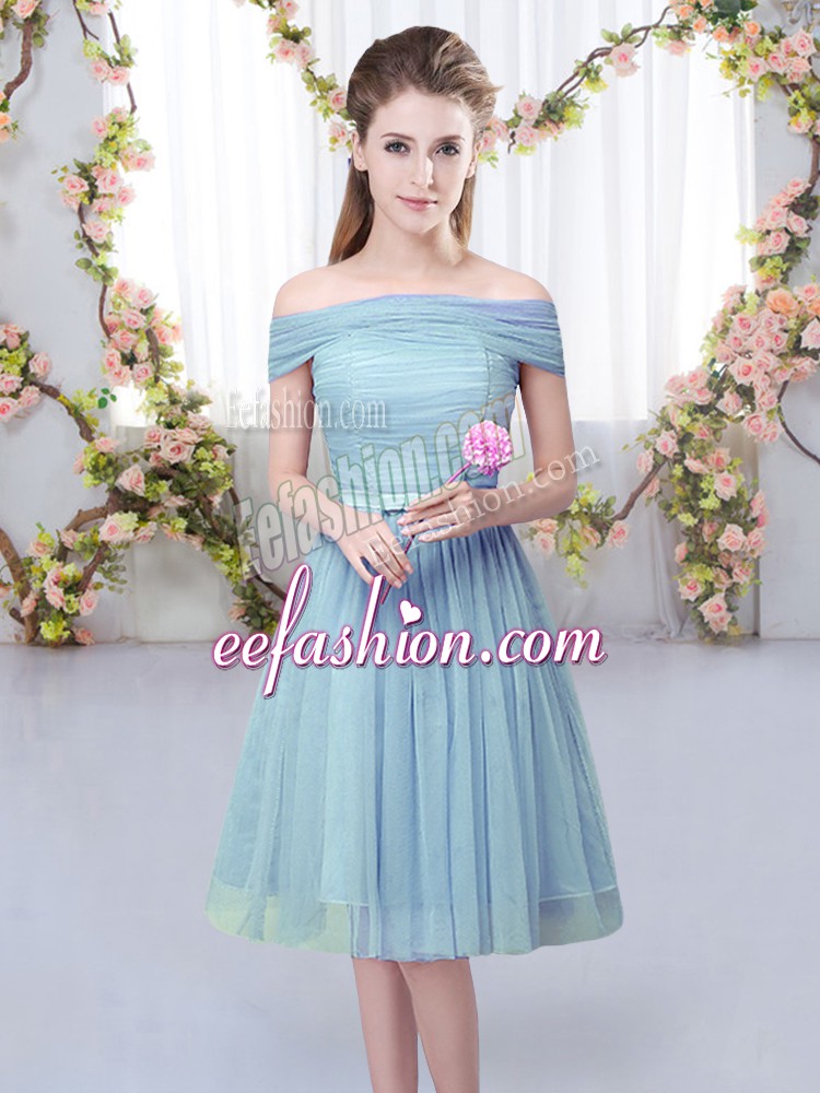  Belt Wedding Party Dress Blue Lace Up Short Sleeves Knee Length