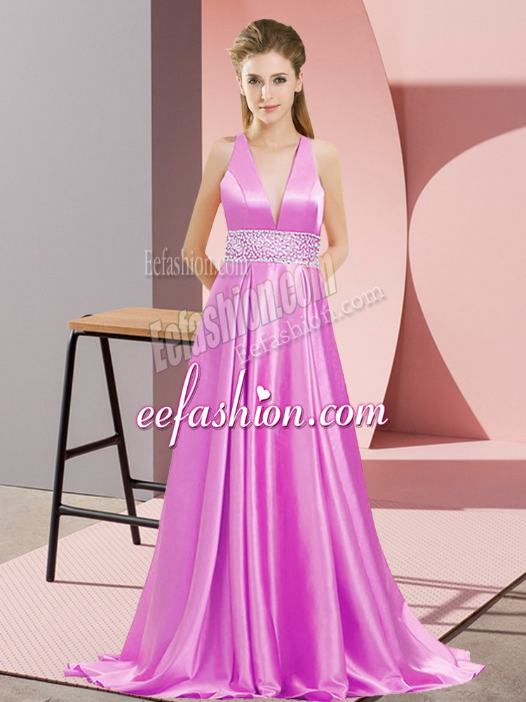 Lilac Prom Party Dress Elastic Woven Satin Brush Train Sleeveless Beading