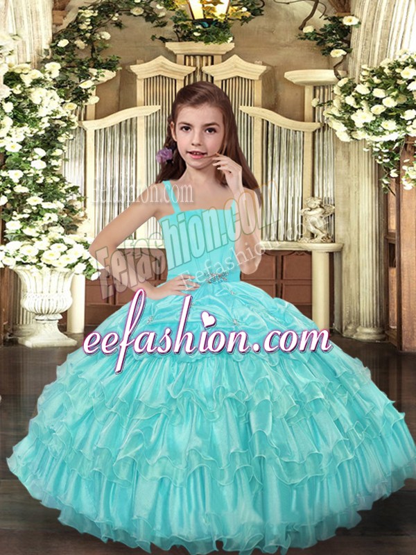 Admirable Floor Length Aqua Blue Little Girls Pageant Dress Straps Sleeveless Lace Up
