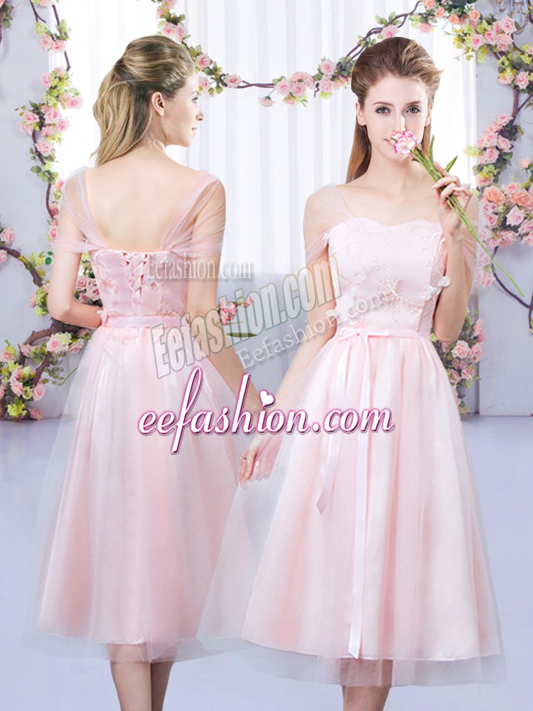 Colorful Baby Pink Short Sleeves Tulle Lace Up Bridesmaid Dresses for Wedding Party