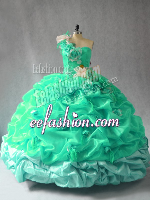 Latest Turquoise Sweet 16 Quinceanera Dress Sweet 16 and Quinceanera with Pick Ups and Hand Made Flower One Shoulder Sleeveless Lace Up