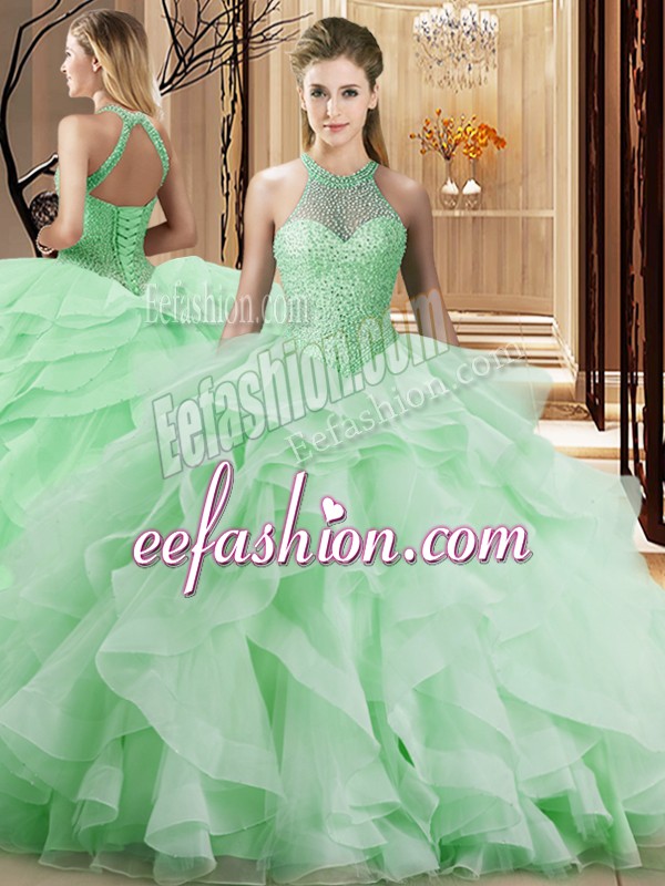  Halter Top Sleeveless Organza 15 Quinceanera Dress Beading and Ruffles Brush Train Lace Up