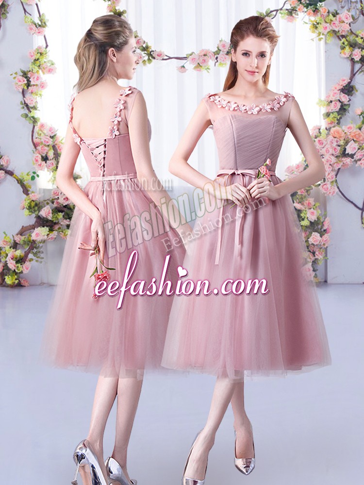 Fancy Scoop Sleeveless Quinceanera Court Dresses Tea Length Appliques and Belt Pink Tulle