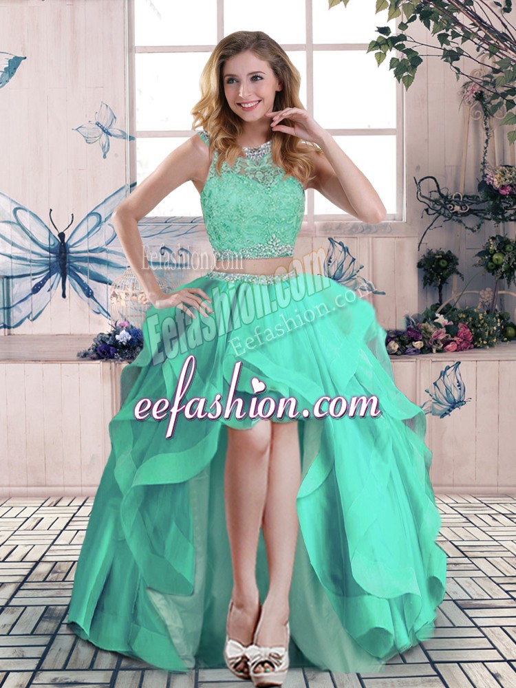  Turquoise Two Pieces Beading and Lace and Ruffles Prom Dresses Zipper Tulle Sleeveless High Low