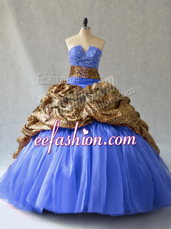 Charming Blue Ball Gowns V-neck Sleeveless Organza and Printed Brush Train Lace Up Beading and Pick Ups 15th Birthday Dress