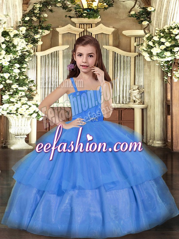 Excellent Straps Sleeveless Little Girls Pageant Dress Floor Length Ruffled Layers Blue Tulle