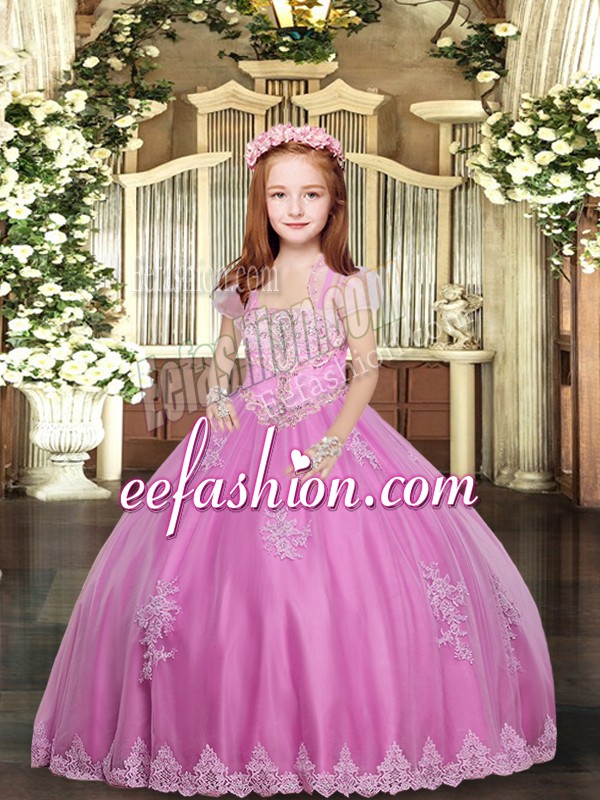  Lilac Ball Gowns Straps Sleeveless Tulle Floor Length Lace Up Lace and Appliques Little Girls Pageant Dress